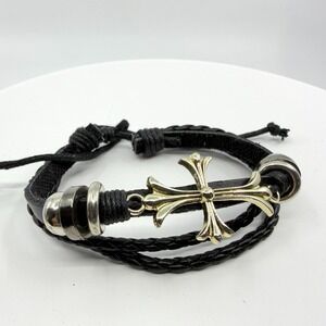 Gothic Cross Black Leather Bracelet with Silver Charm - Rocker Style Gift